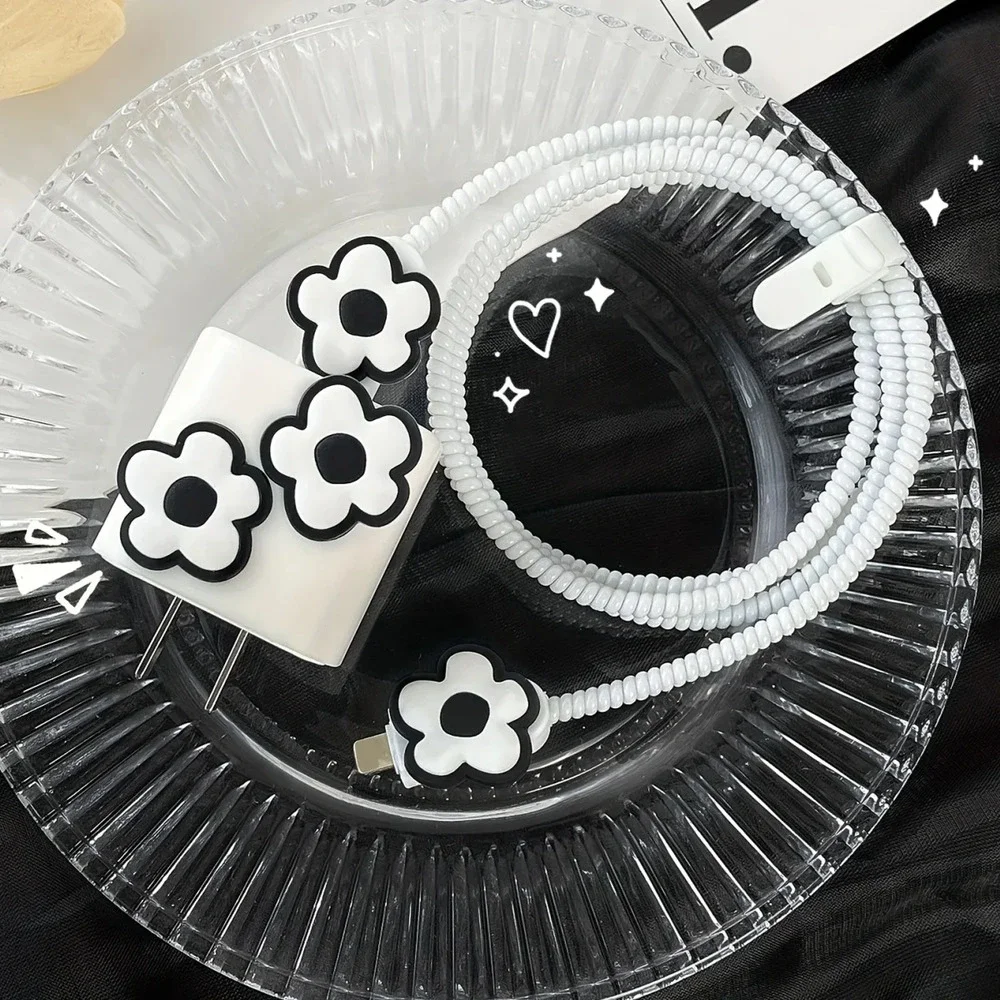 Black White Flowers iPhone Charger Cover Cable Protector P59